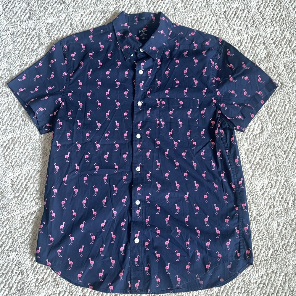 J. Crew Mens Pink Flamingo Print Shirt Sz Large Flex Washed Slim Fit EUC